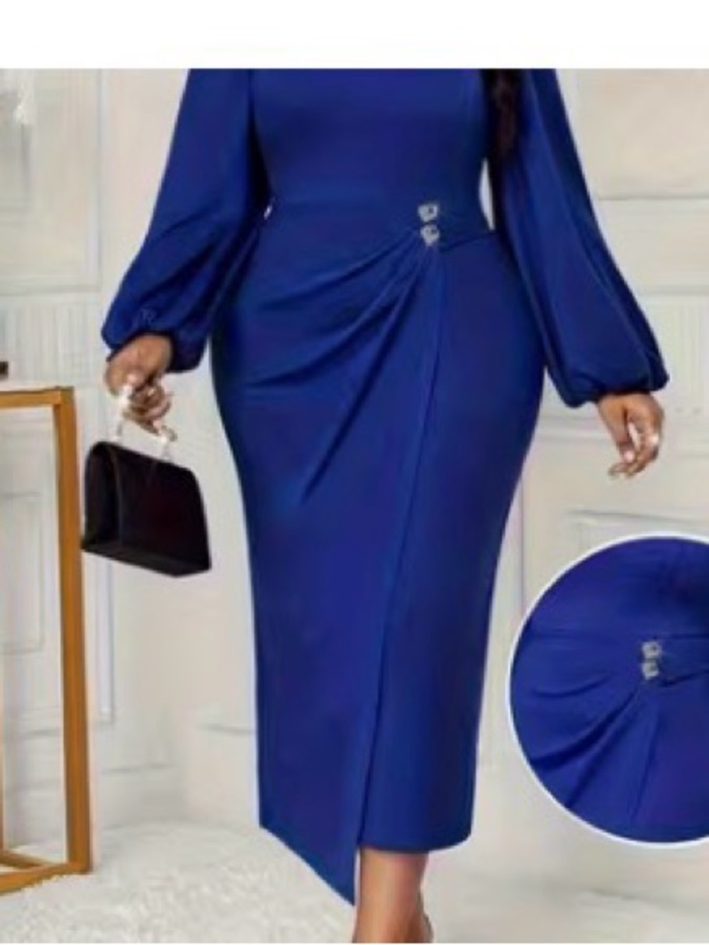 Elegant Royal Blue Long Sleeve Midi Dress